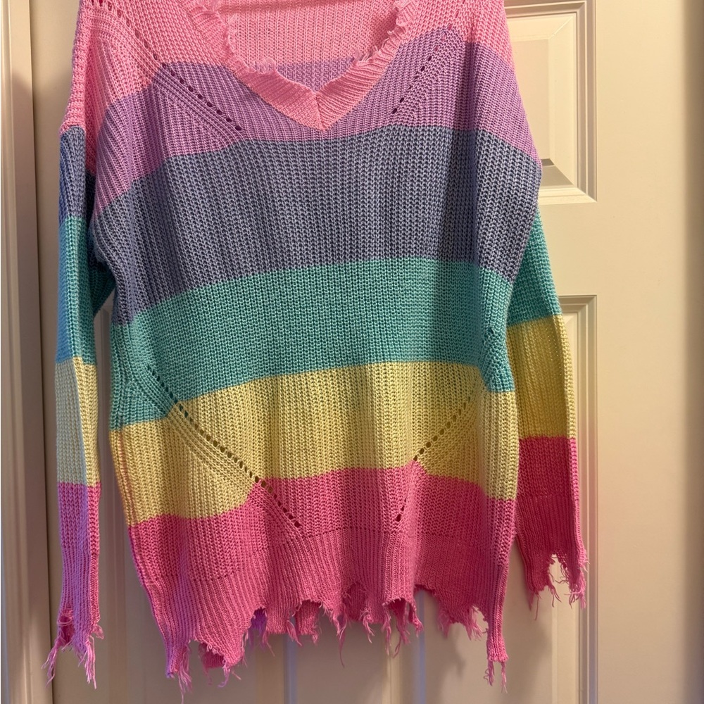 Colorful Striped Distressed Sweater